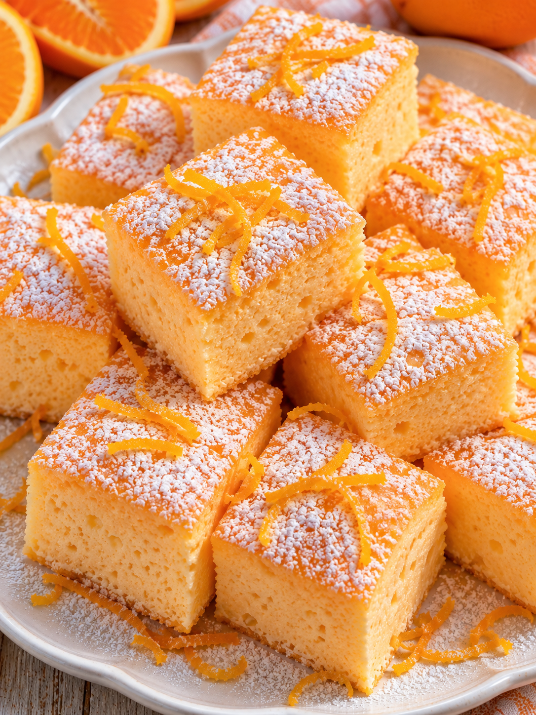 Orangen-Wölkchen als weiche orange Würfel mit Puderzucker