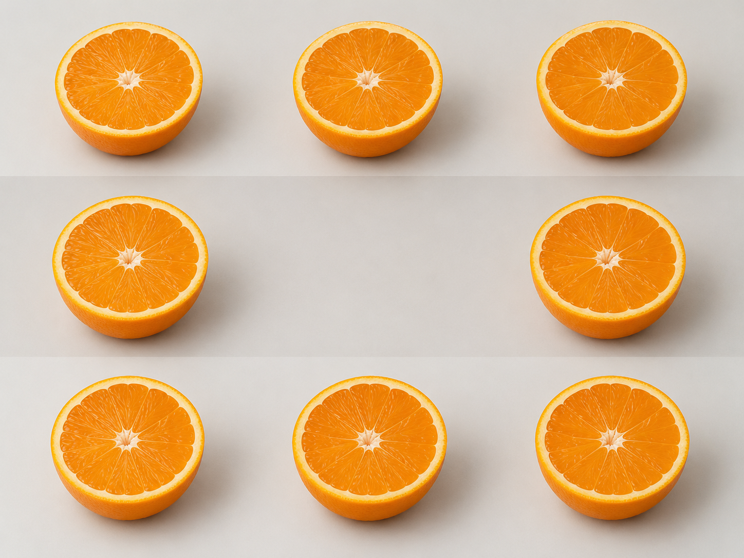 Illustration mit acht Orangenhälften auf drei dezent voneinander abgesetzten Reihen.