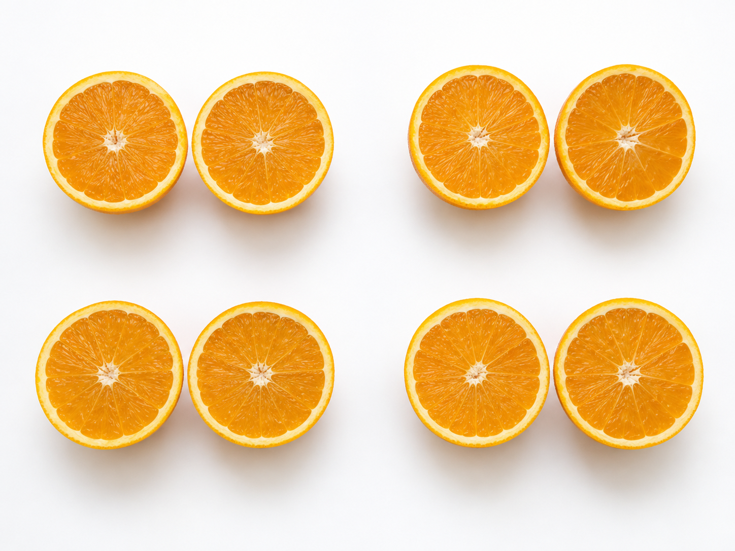 Acht Orangenhälften sind zu vier deutlich getrennten Paaren zusammengestellt.