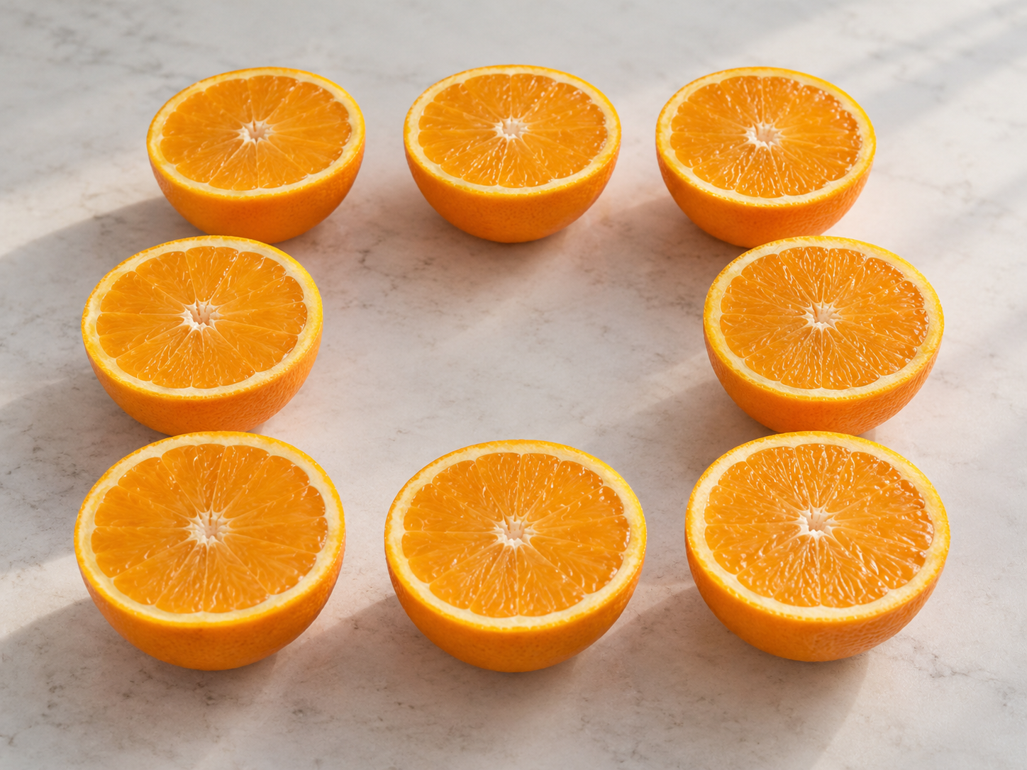 Schrägansicht von acht Orangenhälften, deren gewölbte Schalen und Schnittflächen erkennbar sind.