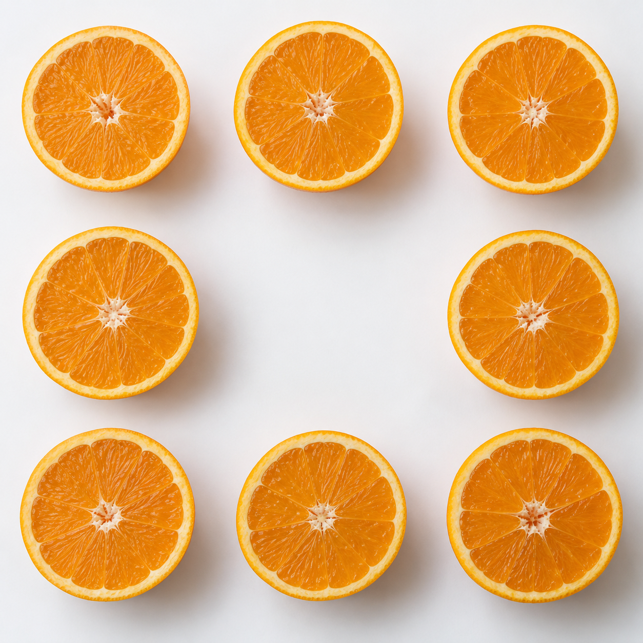Acht Orangenhälften bilden drei Reihen mit drei, zwei und drei Stücken um eine freie Mitte.