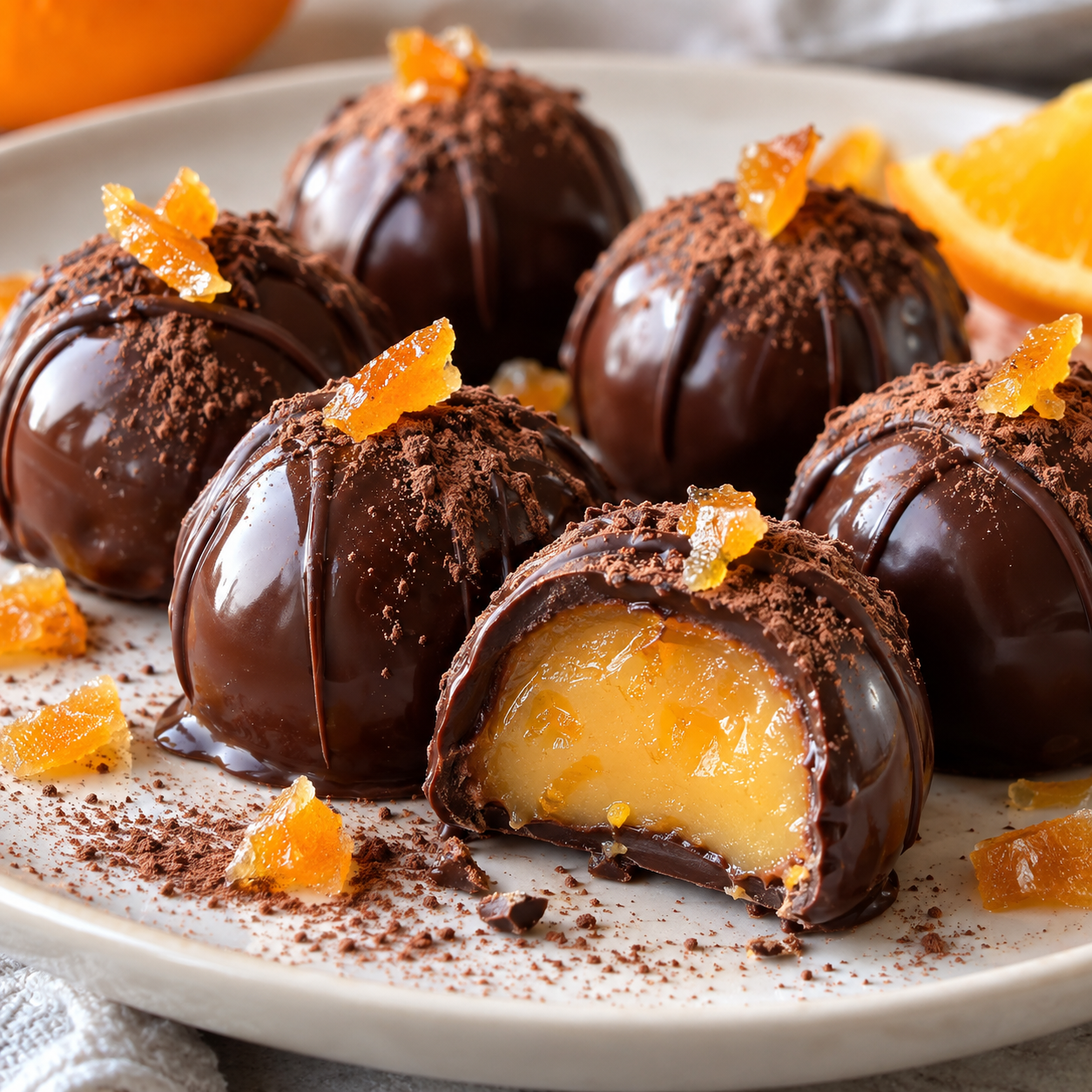 Orangenpralinen mit dunkler Schokolade und cremiger Füllung
