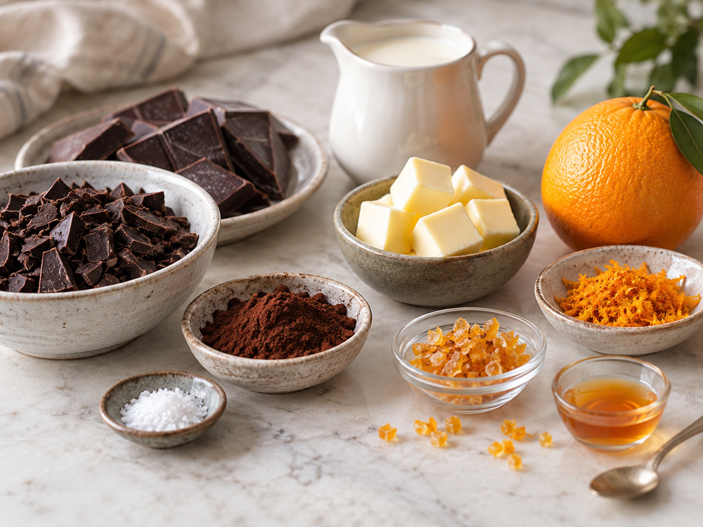 Zutaten für Orangenpralinen mit Schokolade, Orange und Sahne