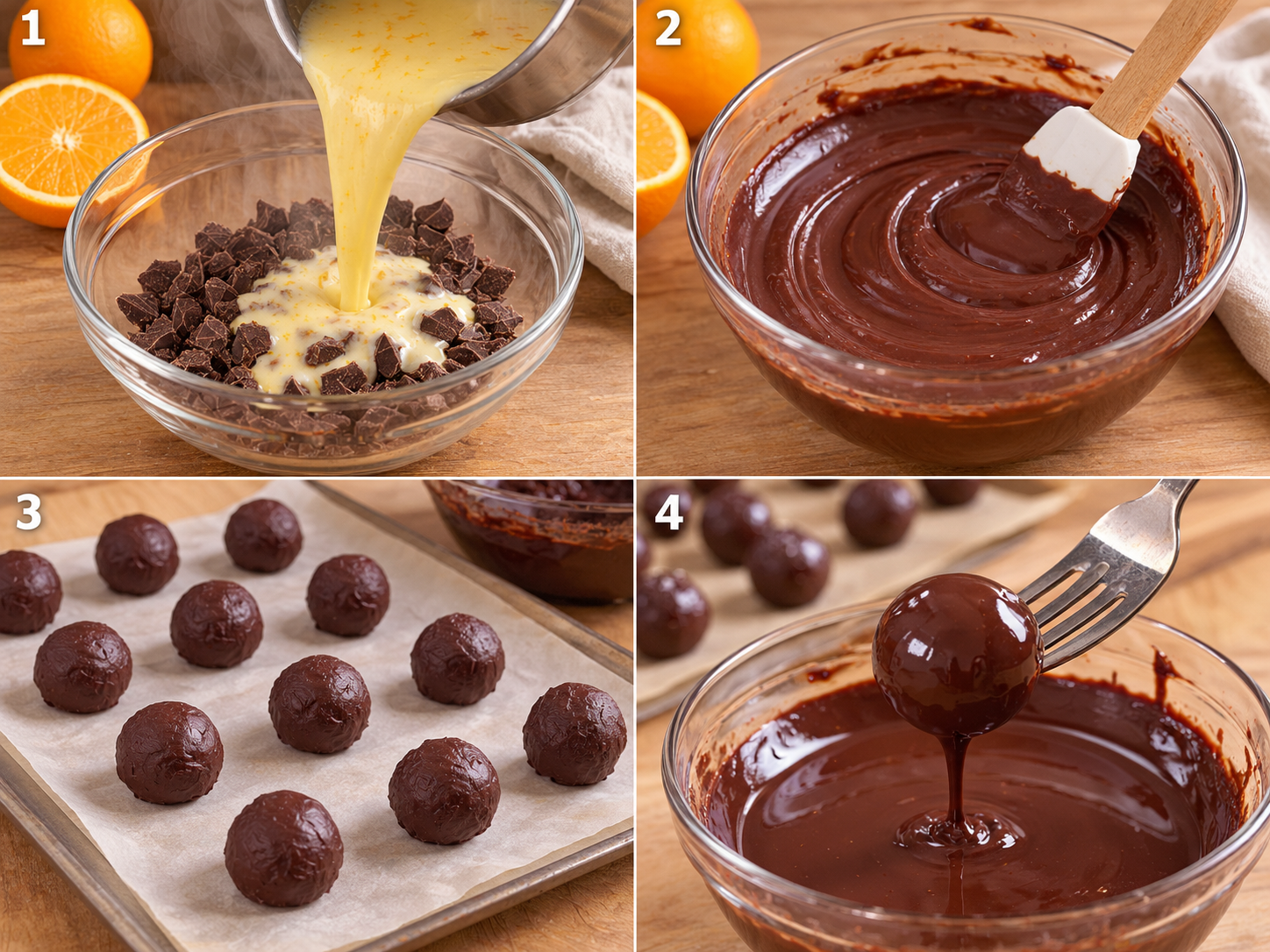 Vier Arbeitsschritte für Orangenpralinen von Ganache bis Überzug