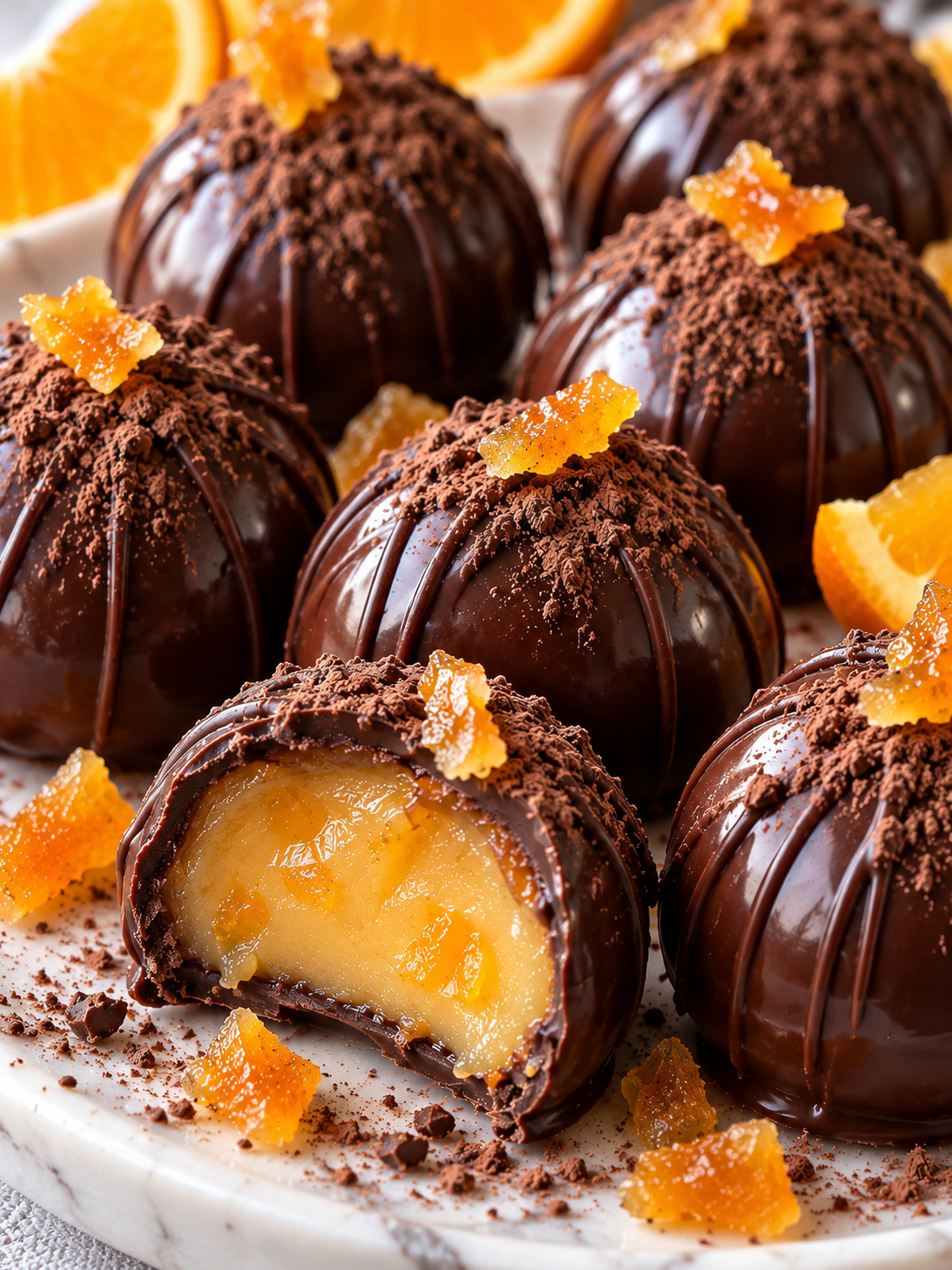 Dunkle Orangenpralinen mit Kakaostaub und angeschnittener Füllung