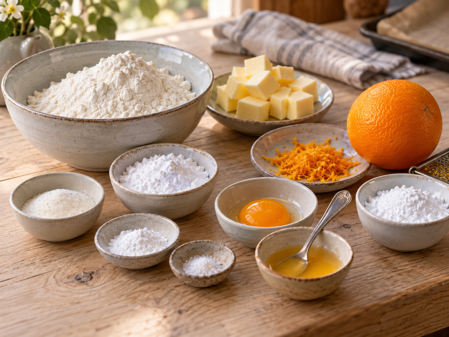 Zutaten fuer Orangensterne mit Butter, Orange, Mehl und Puderzucker