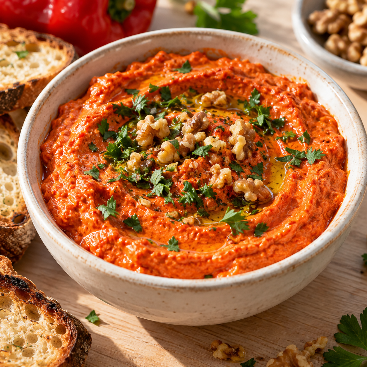 Cremiger Paprika-Aufstrich mit Petersilie, Walnüssen und geröstetem Brot