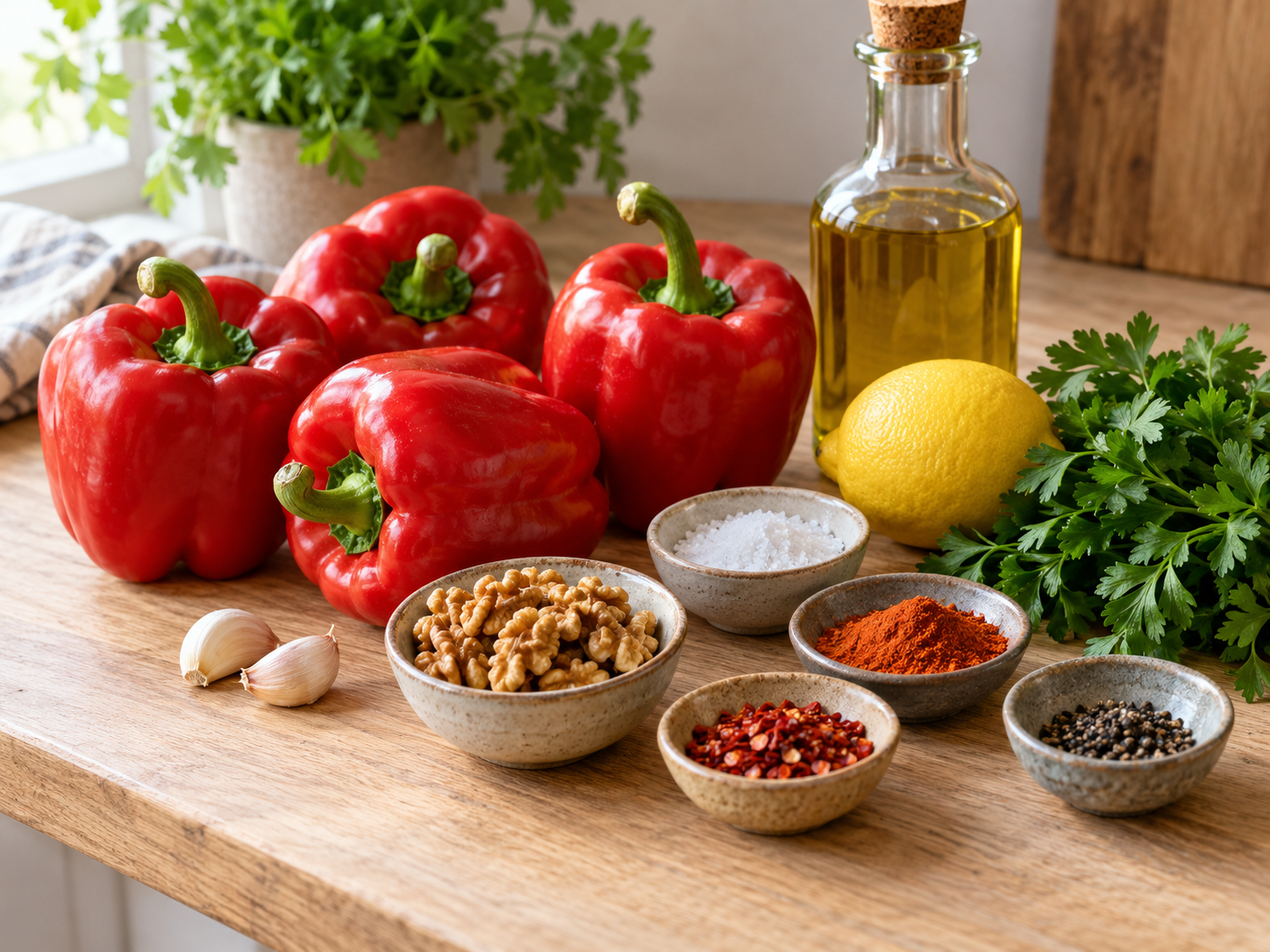 Zutaten für Paprika-Aufstrich mit roten Paprika, Walnüssen und Petersilie