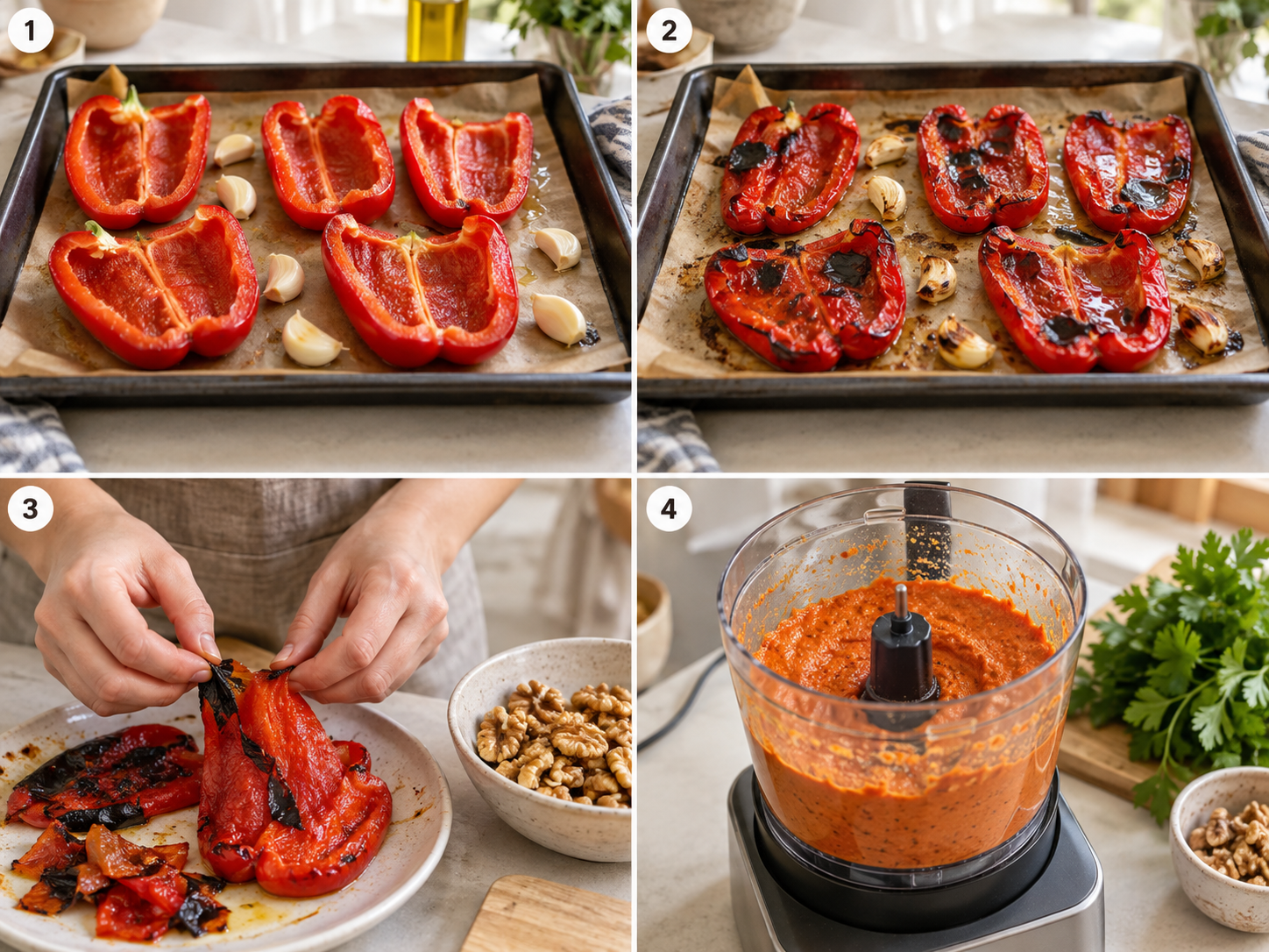 Vier Zubereitungsschritte für Paprika-Aufstrich vom Rösten bis zum Mixen
