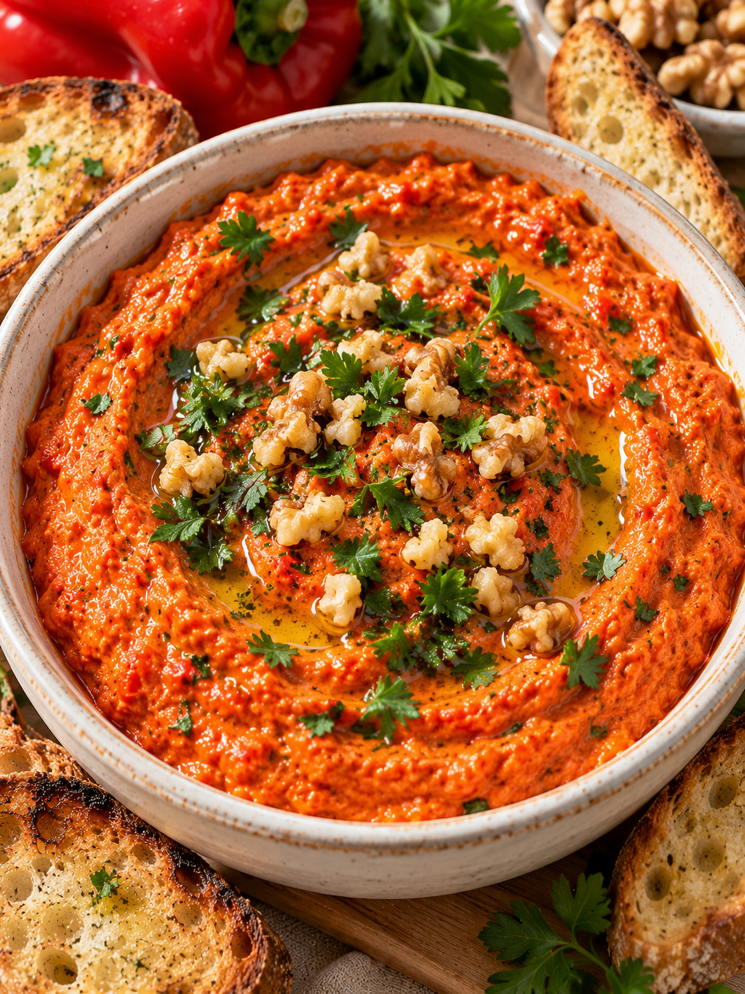 Paprika-Aufstrich mit Olivenöl, Petersilie, Walnüssen und geröstetem Brot