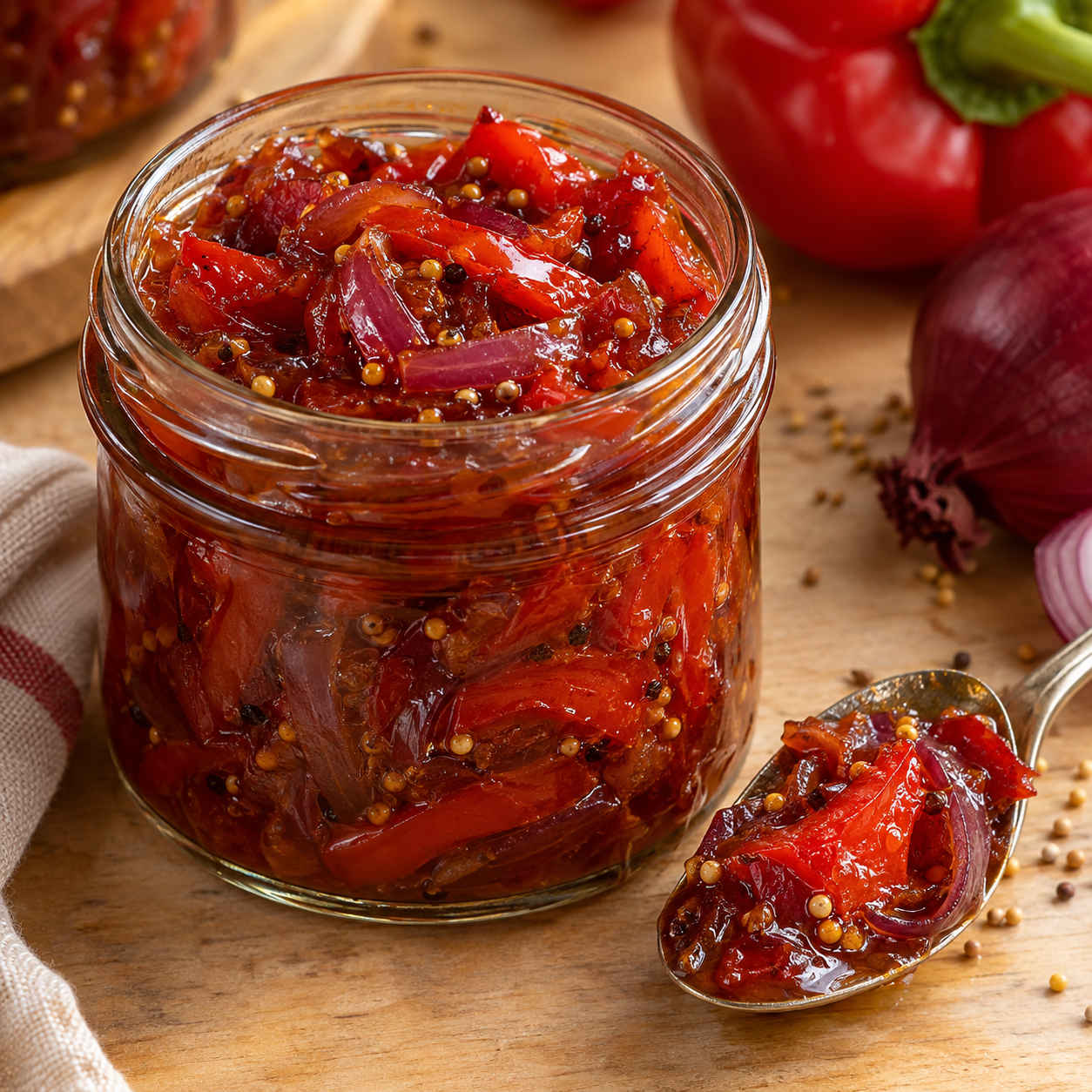 Dunkelrotes Paprika-Zwiebel-Chutney im Glas mit Loeffel