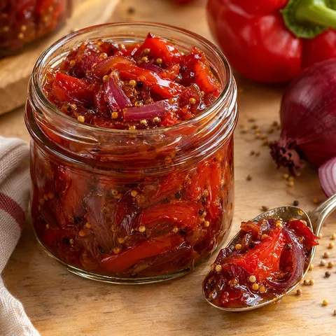 Dunkelrotes Paprika-Zwiebel-Chutney im Glas mit Loeffel