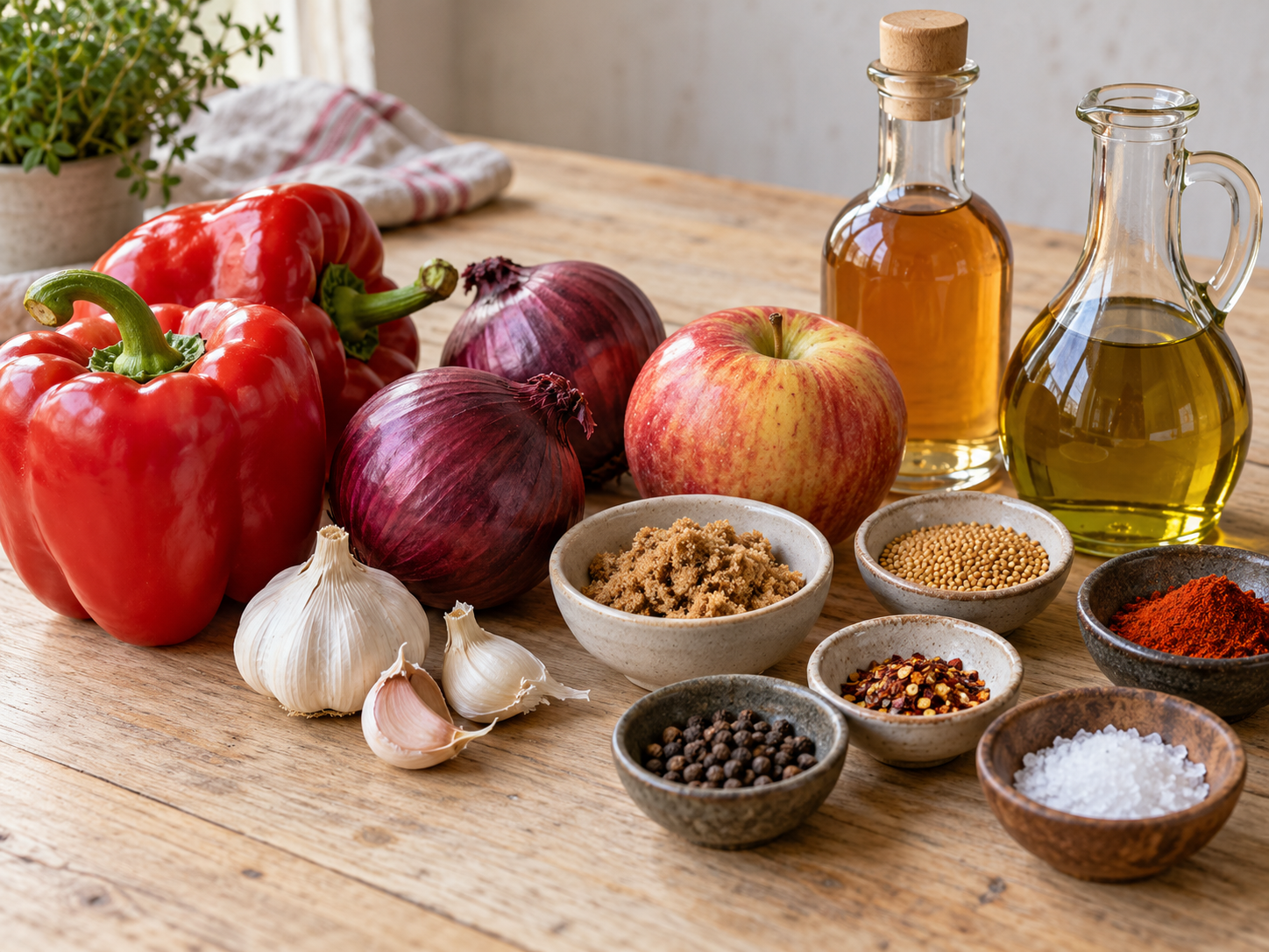 Zutaten fuer Paprika-Zwiebel-Chutney mit Paprika, Zwiebeln und Essig