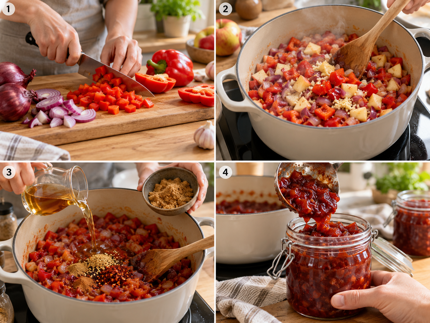 Vier Schritte beim Kochen von Paprika-Zwiebel-Chutney