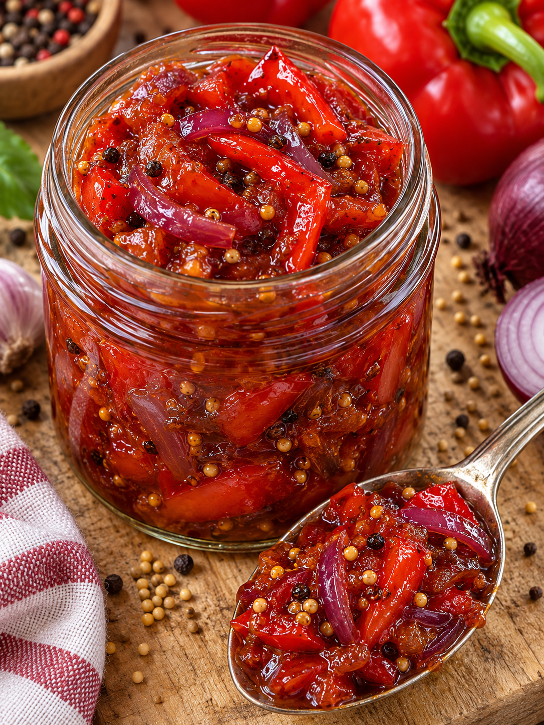 Paprika-Zwiebel-Chutney im Glas mit glaenzenden Paprikastreifen