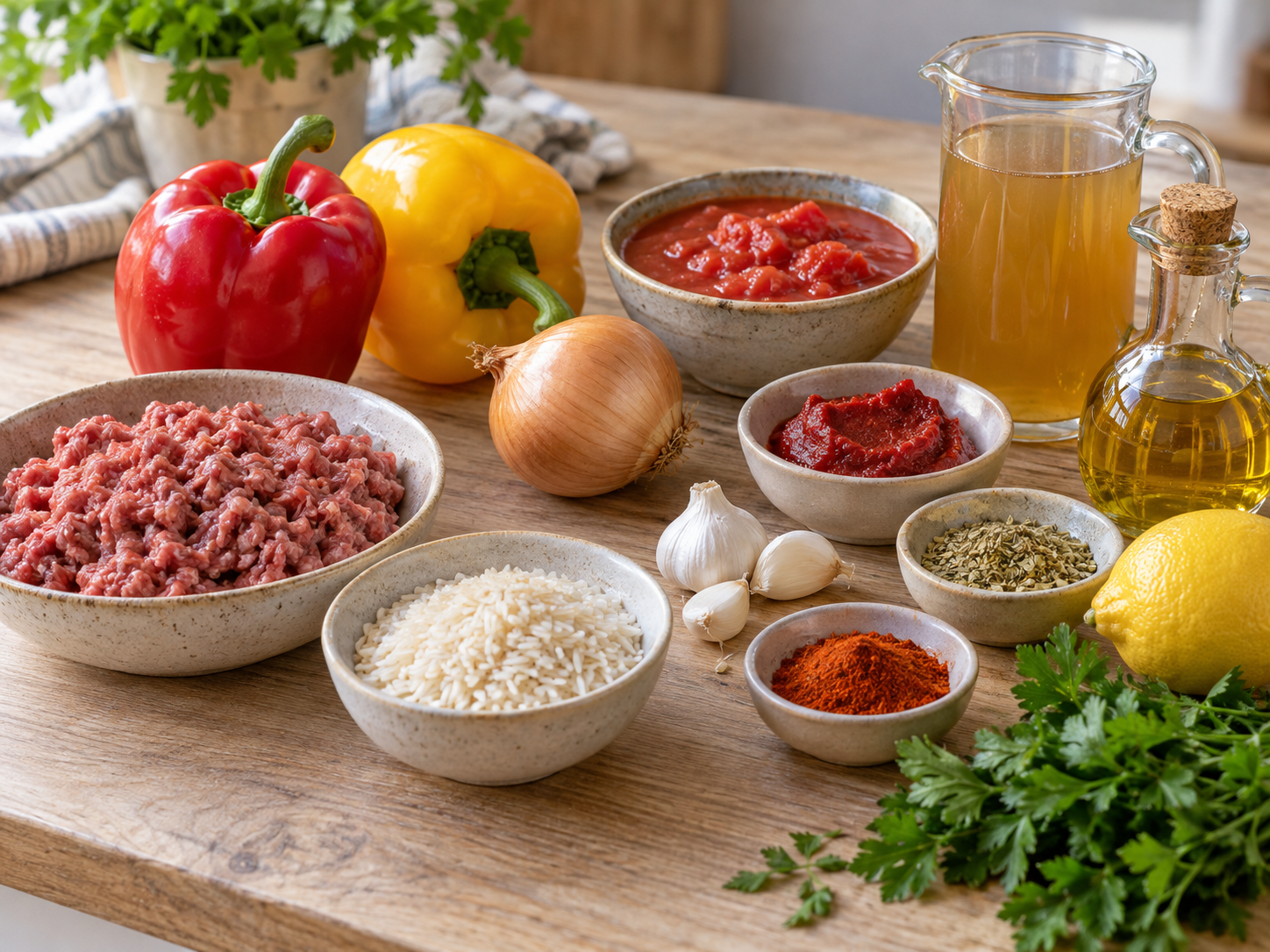 Zutaten für Paprikasuppe mit Hackfleisch und Reis auf hellem Holz