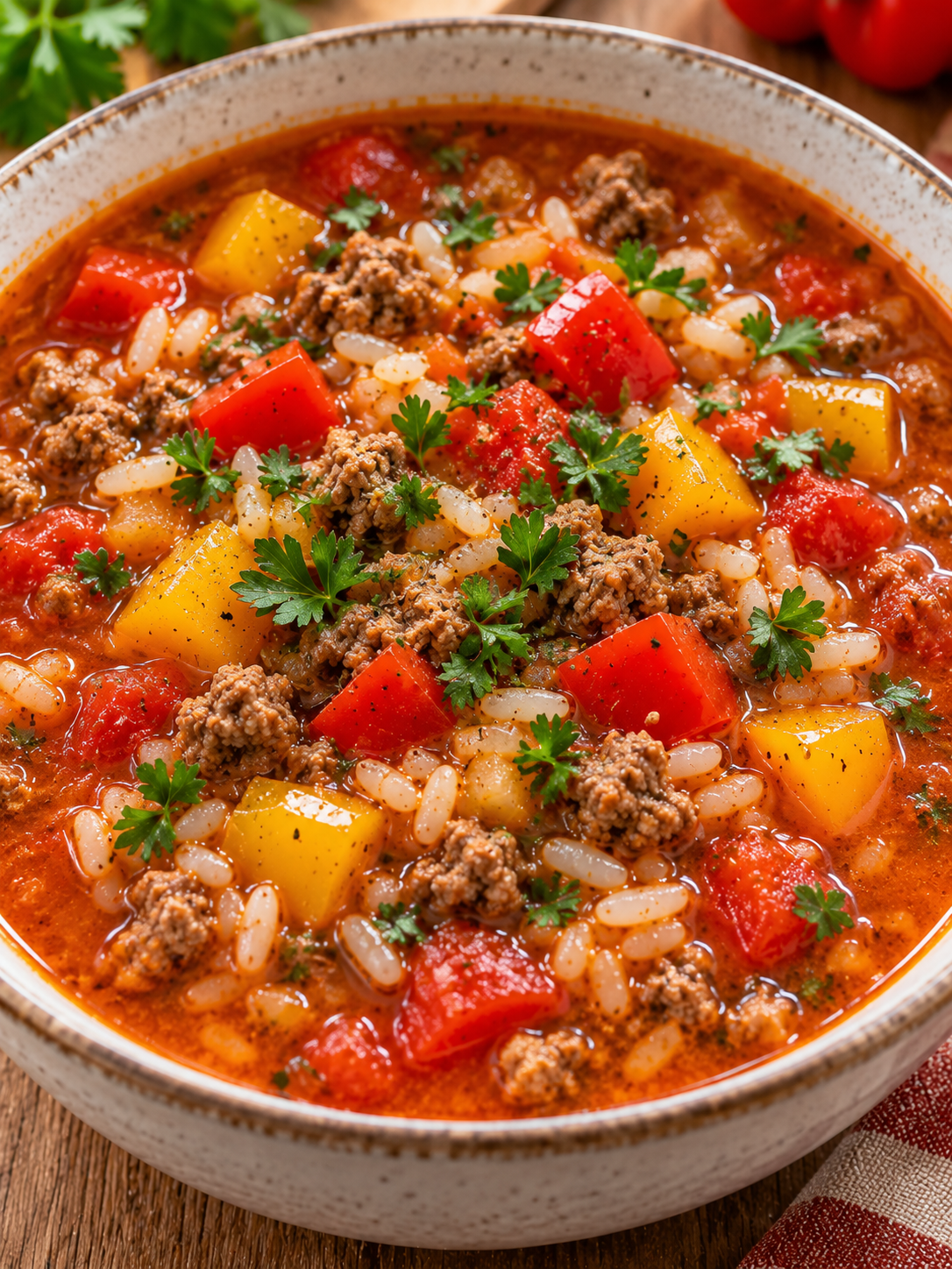 Herzhafte Paprikasuppe mit Hackfleisch, Reis und Paprikawürfeln