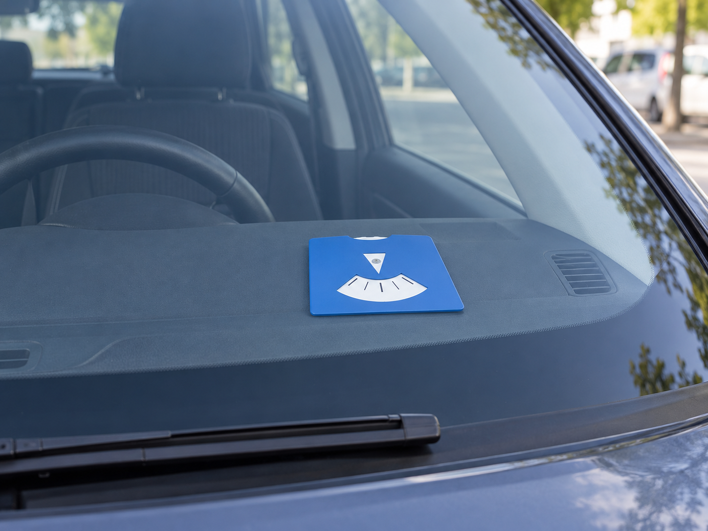 Illustration einer frei liegenden Parkscheibe aus der Perspektive vor dem Auto.