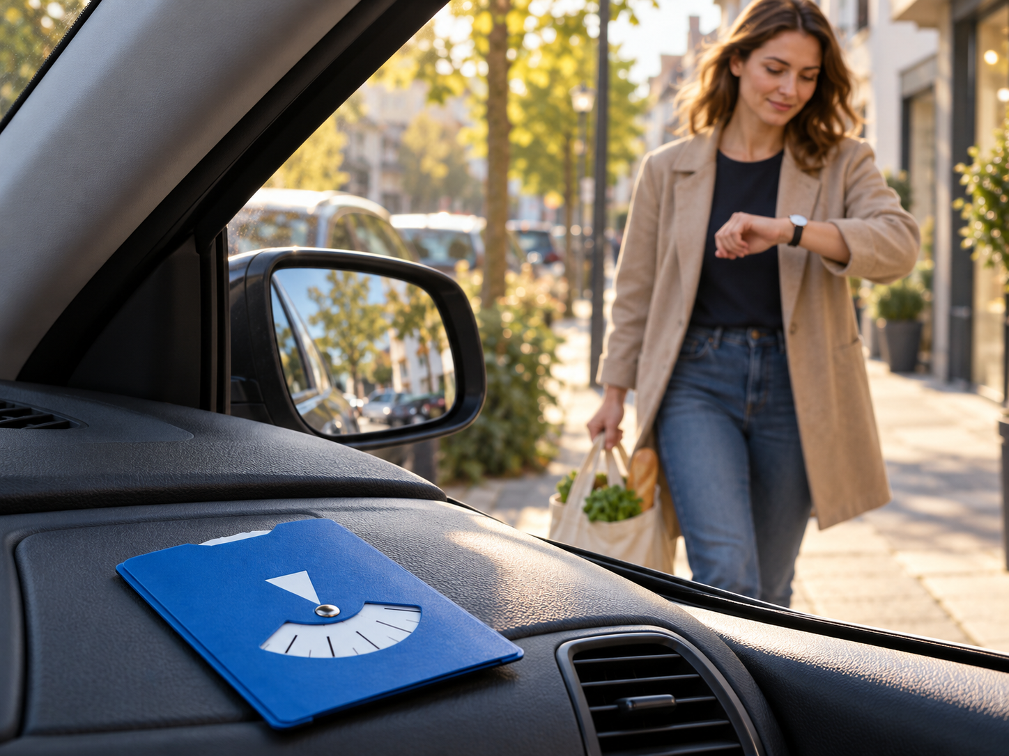 Illustration einer Parkscheibe im Auto und einer Person, die mit Einkaufstasche zurückkehrt.