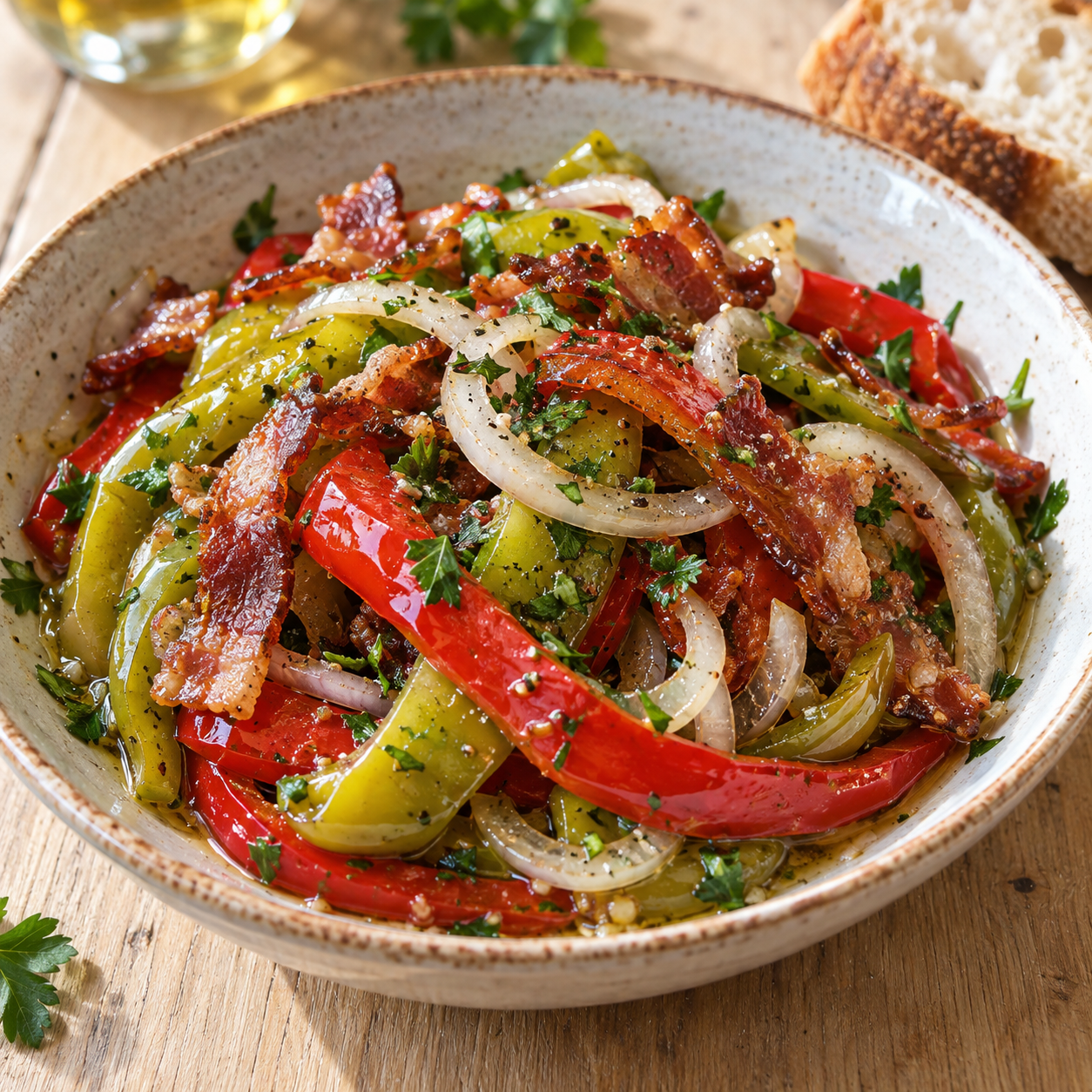 Peperonisalat mit Speck, Zwiebeln und Petersilie in einer Schale