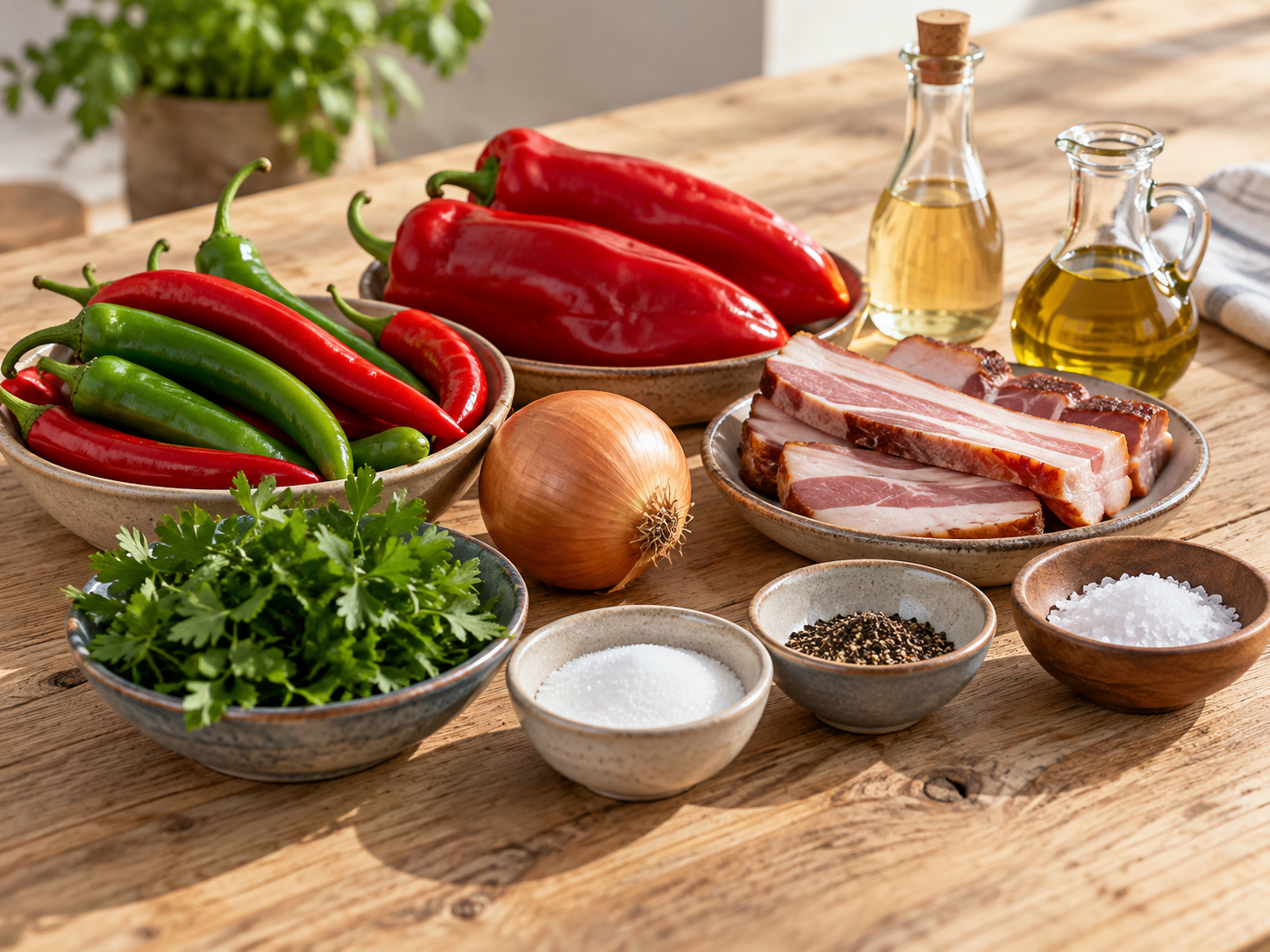 Zutaten für Peperonisalat mit Speck, Zwiebeln und Essig
