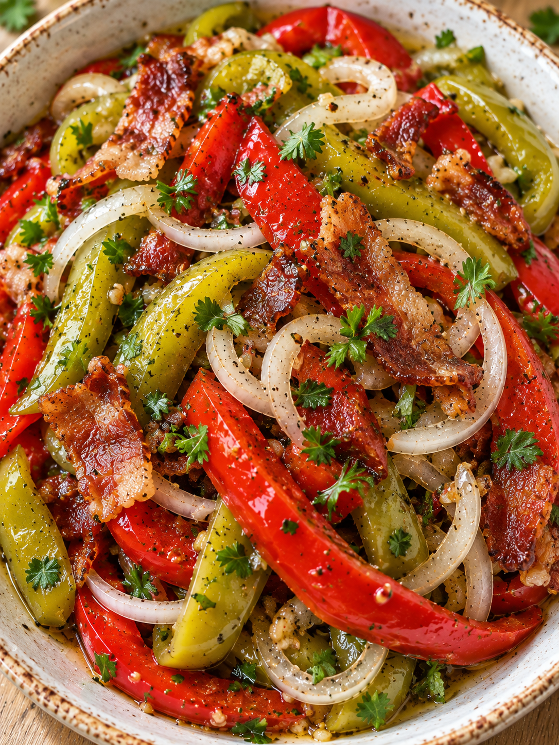 Peperonisalat mit krossem Speck, Zwiebeln und Petersilie