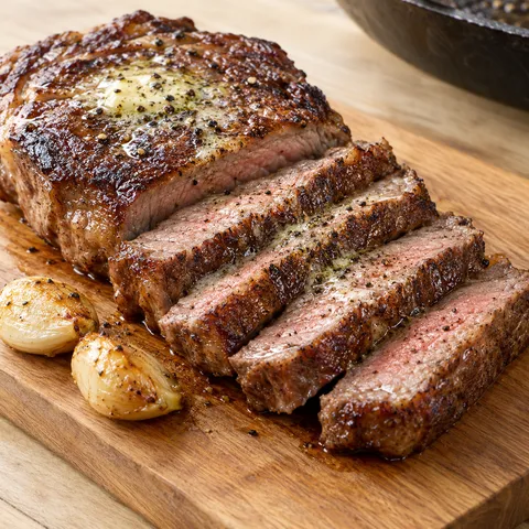Aufgeschnittenes Rumpsteak mit brauner Kruste, Knoblauchbutter und schwarzem Pfeffer