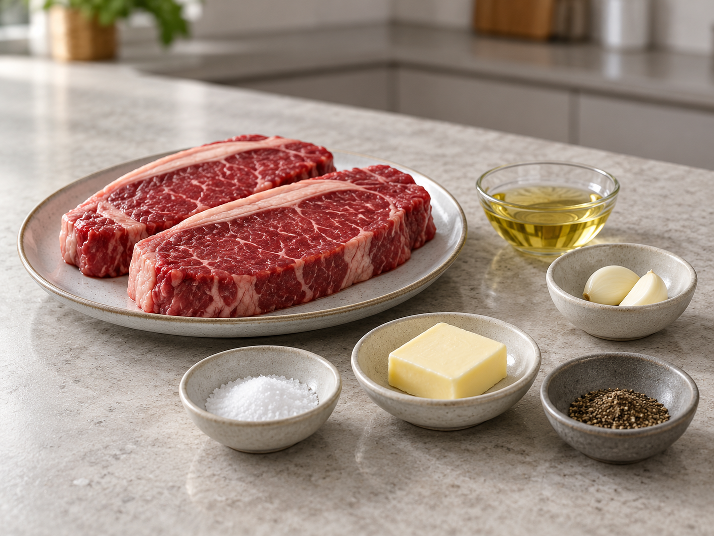 Zwei rohe Rumpsteaks mit Knoblauch, Rapsöl, Salz, Butter und schwarzem Pfeffer