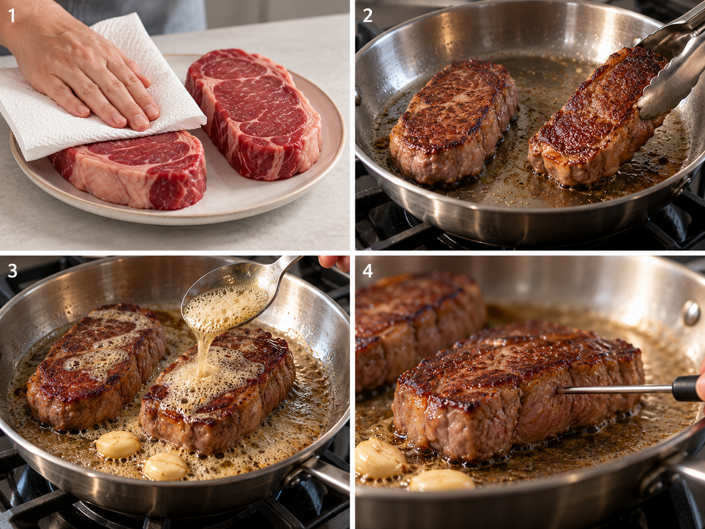 Rumpsteaks trocknen, anbraten, mit Knoblauchbutter übergießen und die Kerntemperatur messen