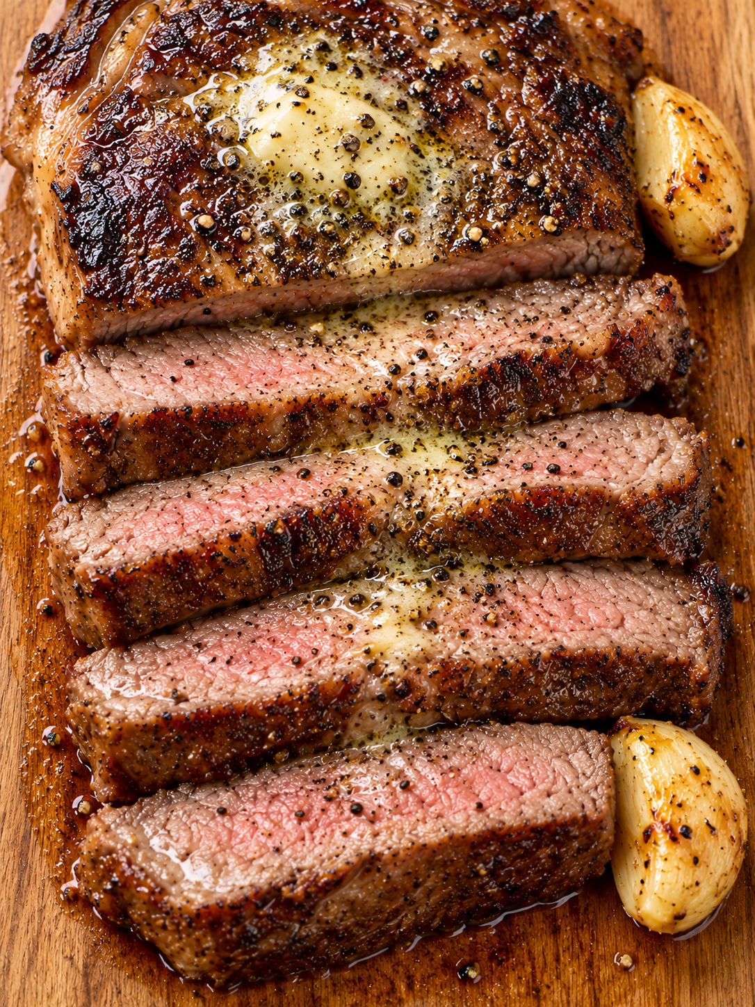 Rumpsteakscheiben mit brauner Kruste, glänzender Knoblauchbutter und Pfeffer auf Holz