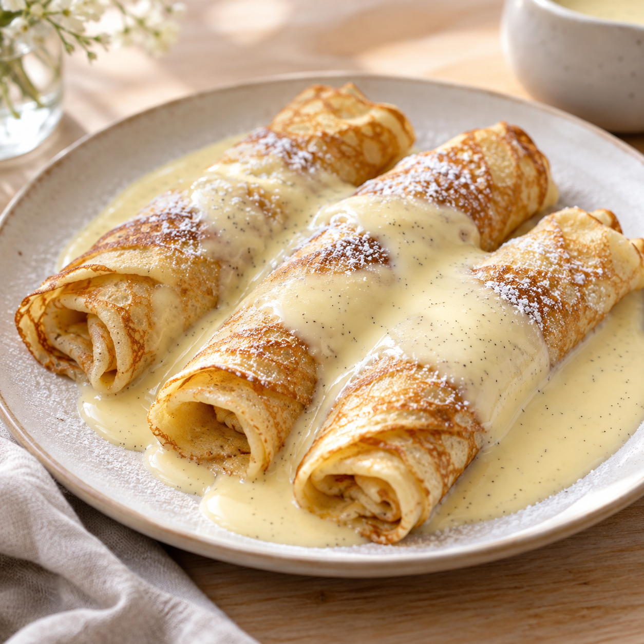 Gerollte Pfannkuchen mit cremiger Vanillesoße und Puderzucker