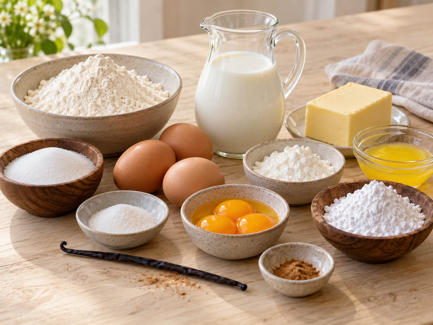 Zutaten für Pfannkuchen mit Vanillesoße auf hellem Holz