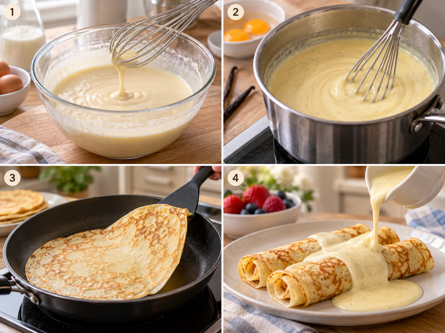 Vier Schritte für Pfannkuchen mit Vanillesoße vom Teig bis zum Servieren