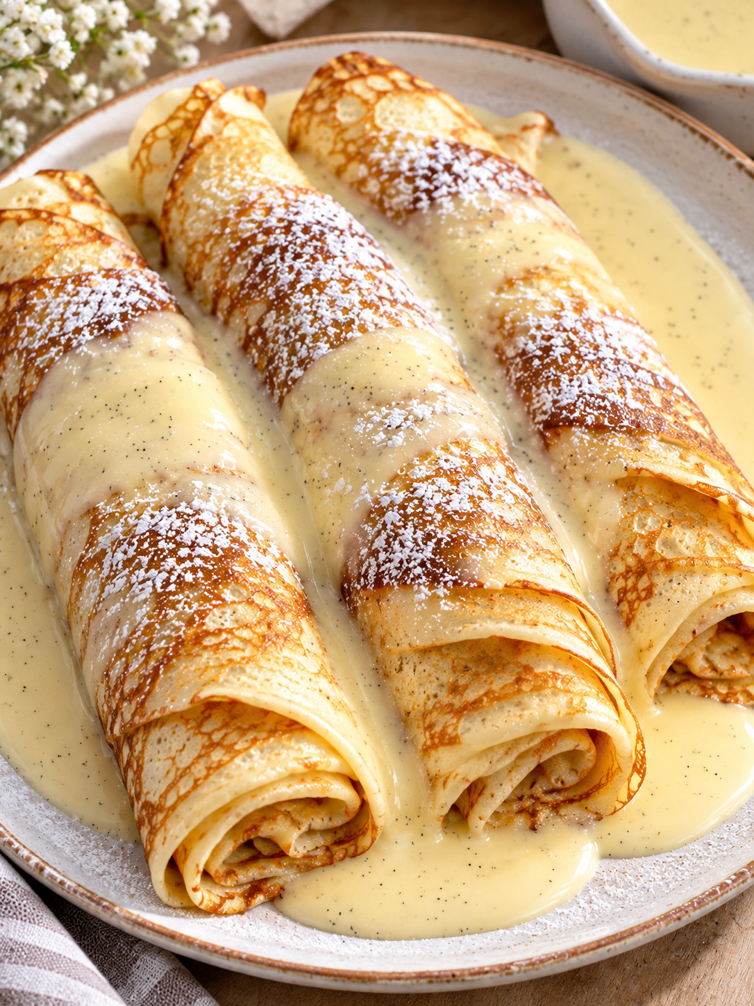 Pfannkuchen mit Vanillesoße und Puderzucker im hellen Teller