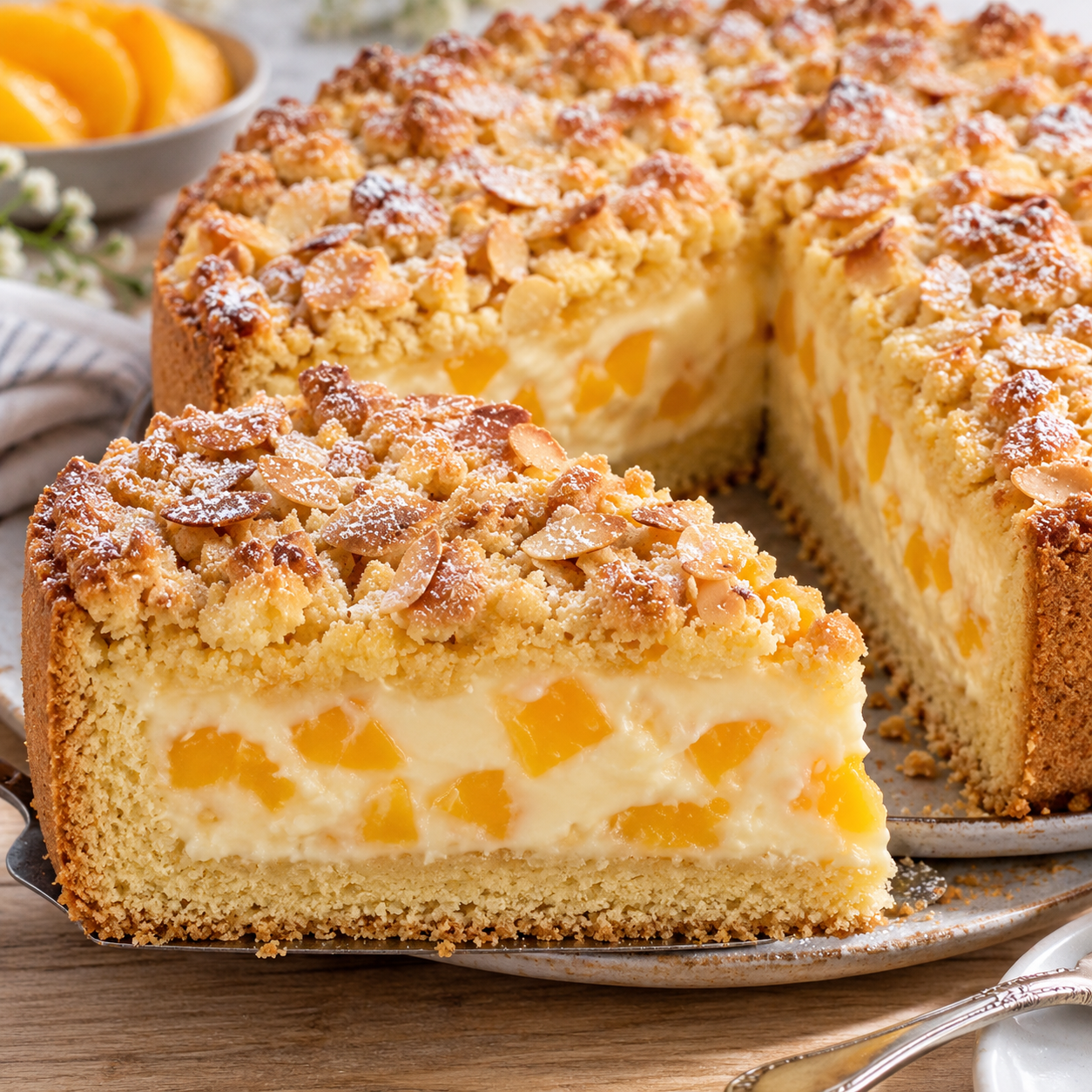 Pfirsich-Schmandtorte mit Mandelstreuseln und sichtbarer cremiger Füllung