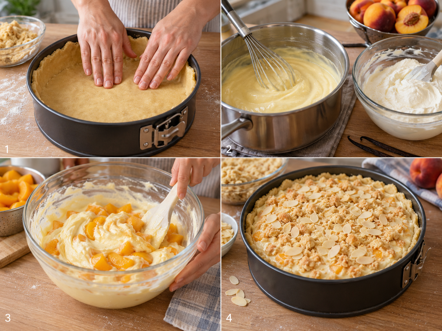 Vier Zubereitungsschritte für Pfirsich-Schmandtorte mit Creme und Streuseln