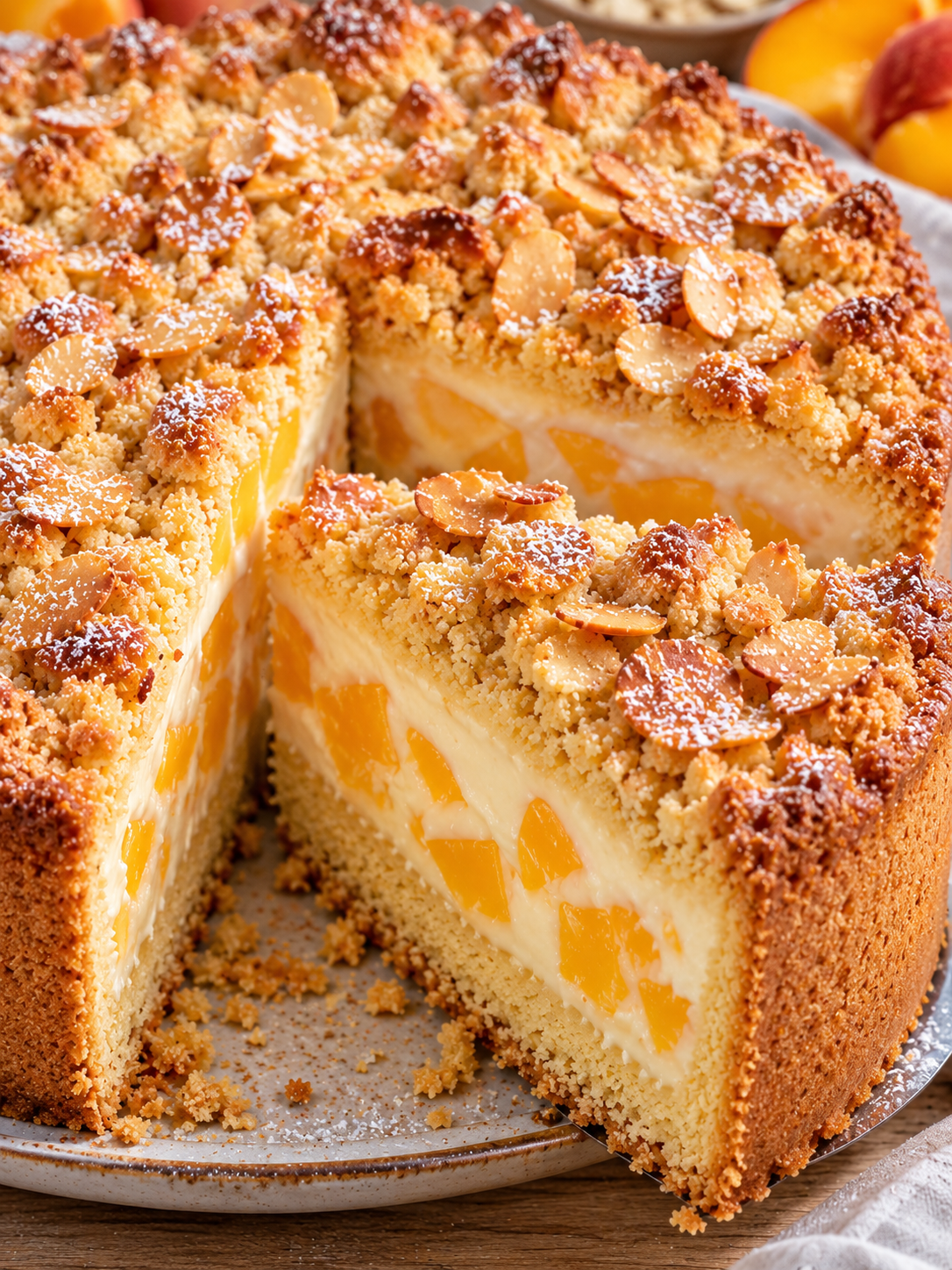 Angeschnittene Pfirsich-Schmandtorte mit goldenen Mandelstreuseln