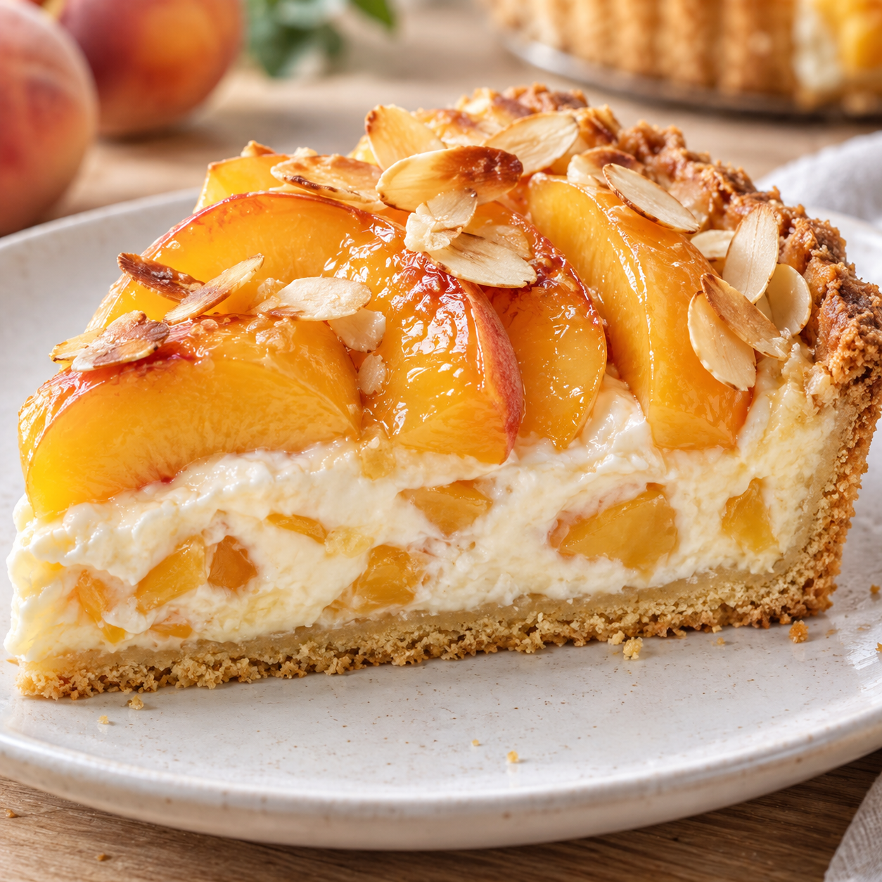 Pfirsichkuchen mit Cremefüllung, Pfirsichspalten und Mandeln