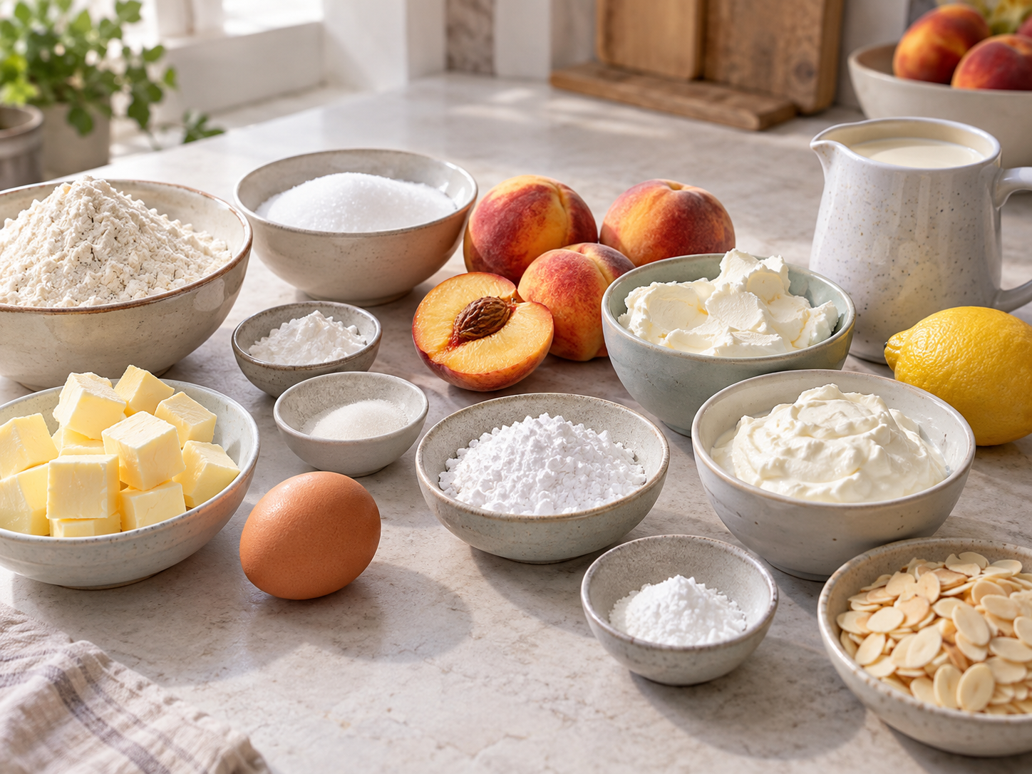 Zutaten für Pfirsichkuchen mit Quarkcreme und Mandeln