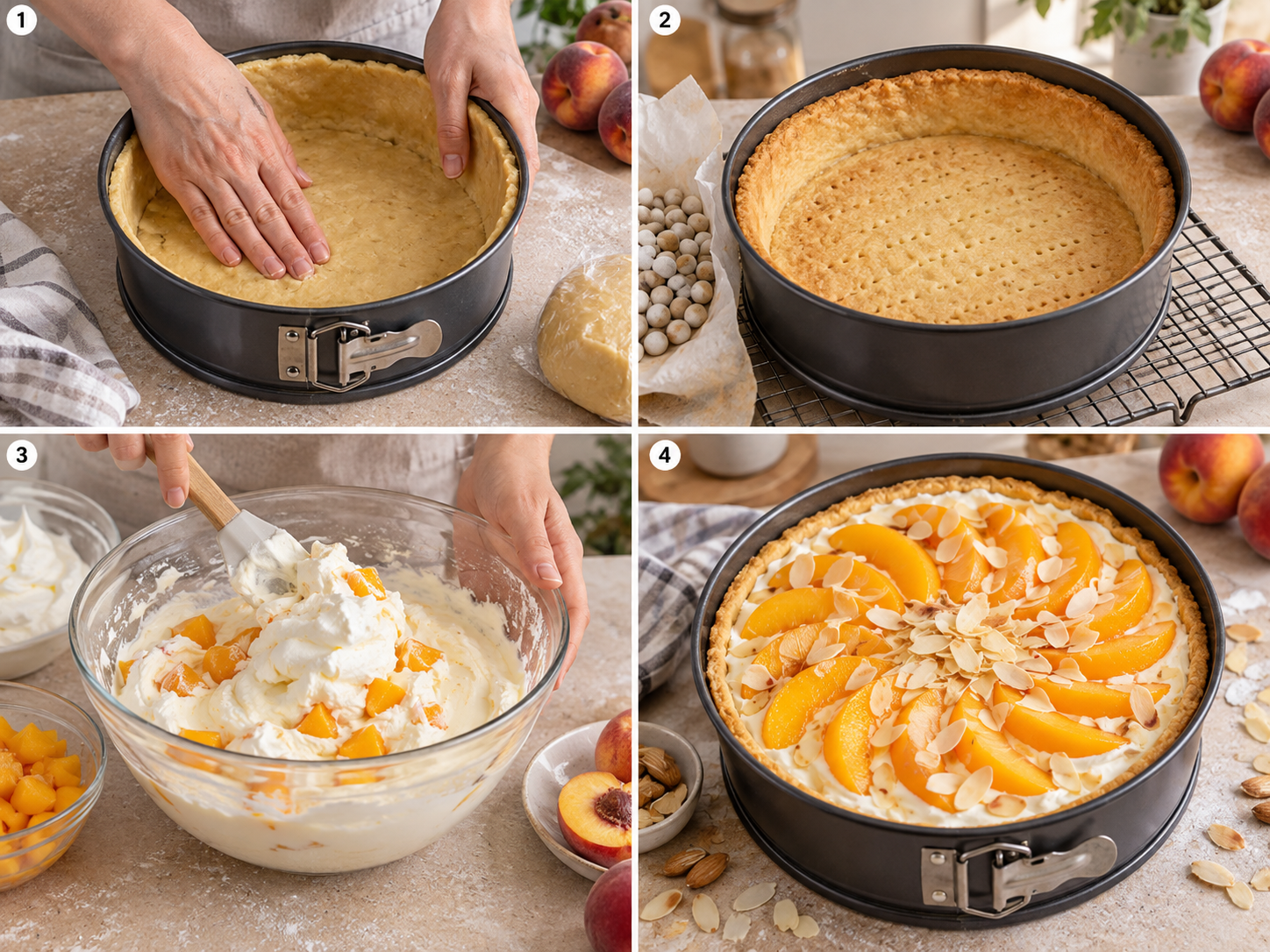 Vier Schritte für Pfirsichkuchen mit Cremefüllung