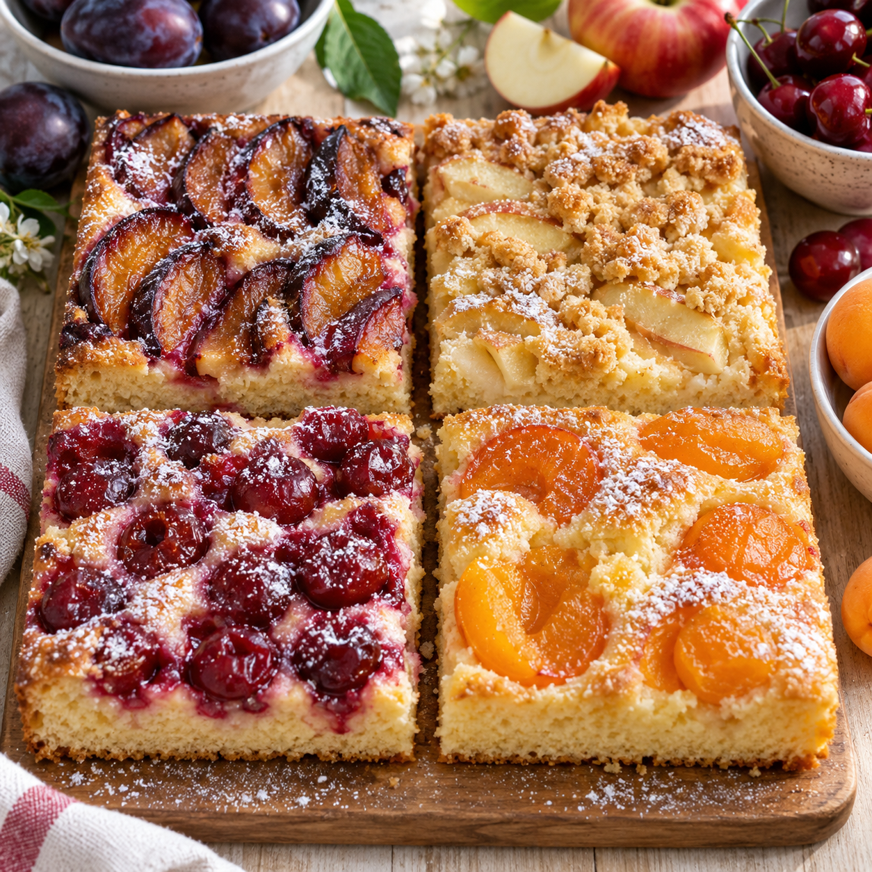 Vier Obstkuchenstücke mit Pflaumen, Apfelstreuseln, Kirschen und Aprikosen