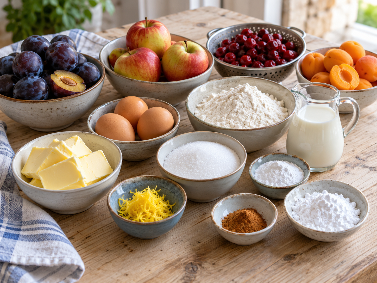 Zutaten für Obstkuchen vom Blech mit vier Sorten Früchten