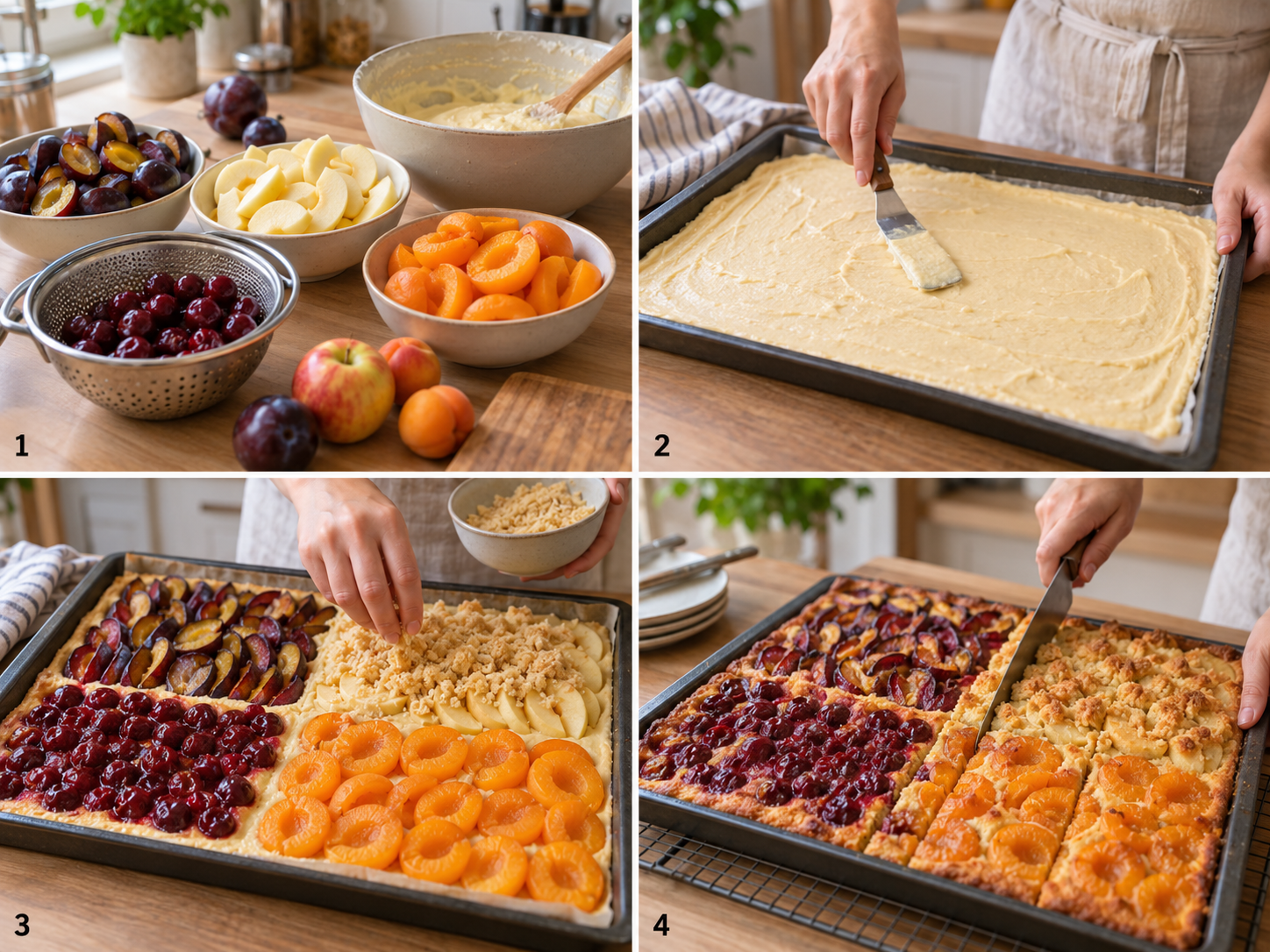 Vier Schritte für Obstkuchen vom Blech mit Rührteig und Früchten
