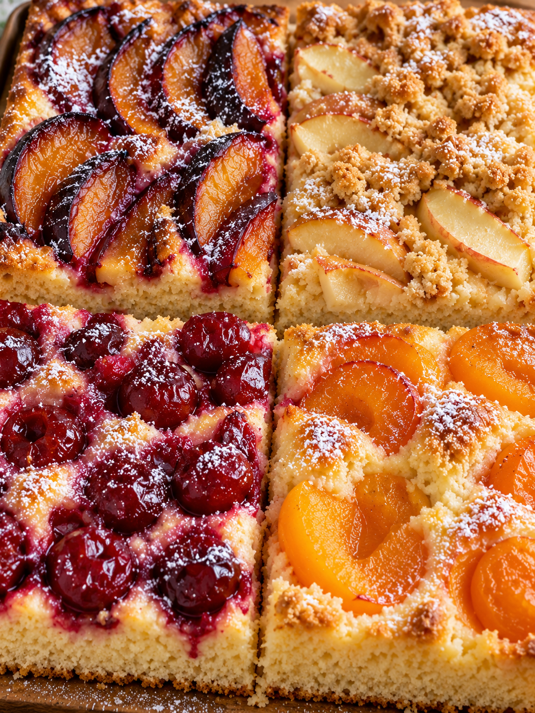 Blechkuchen mit Pflaumen, Apfelstreuseln, Kirschen und Aprikosen