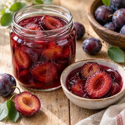 Eingekochte Pflaumen im eigenen Saft in Glas und Schale