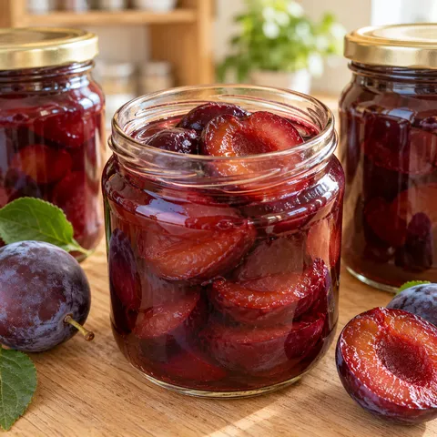 Konservierte Pflaumen im eigenen Saft in einem offenen Glas
