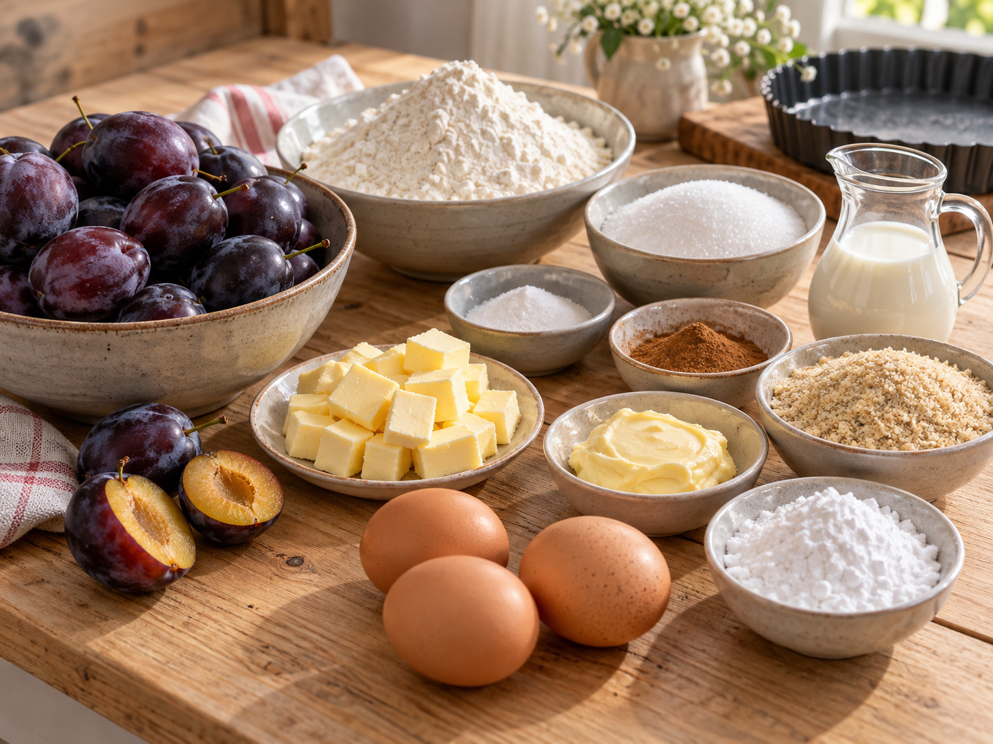 Zutaten für Pflaumen-Streuselkuchen mit Butter, Mehl und Pflaumen