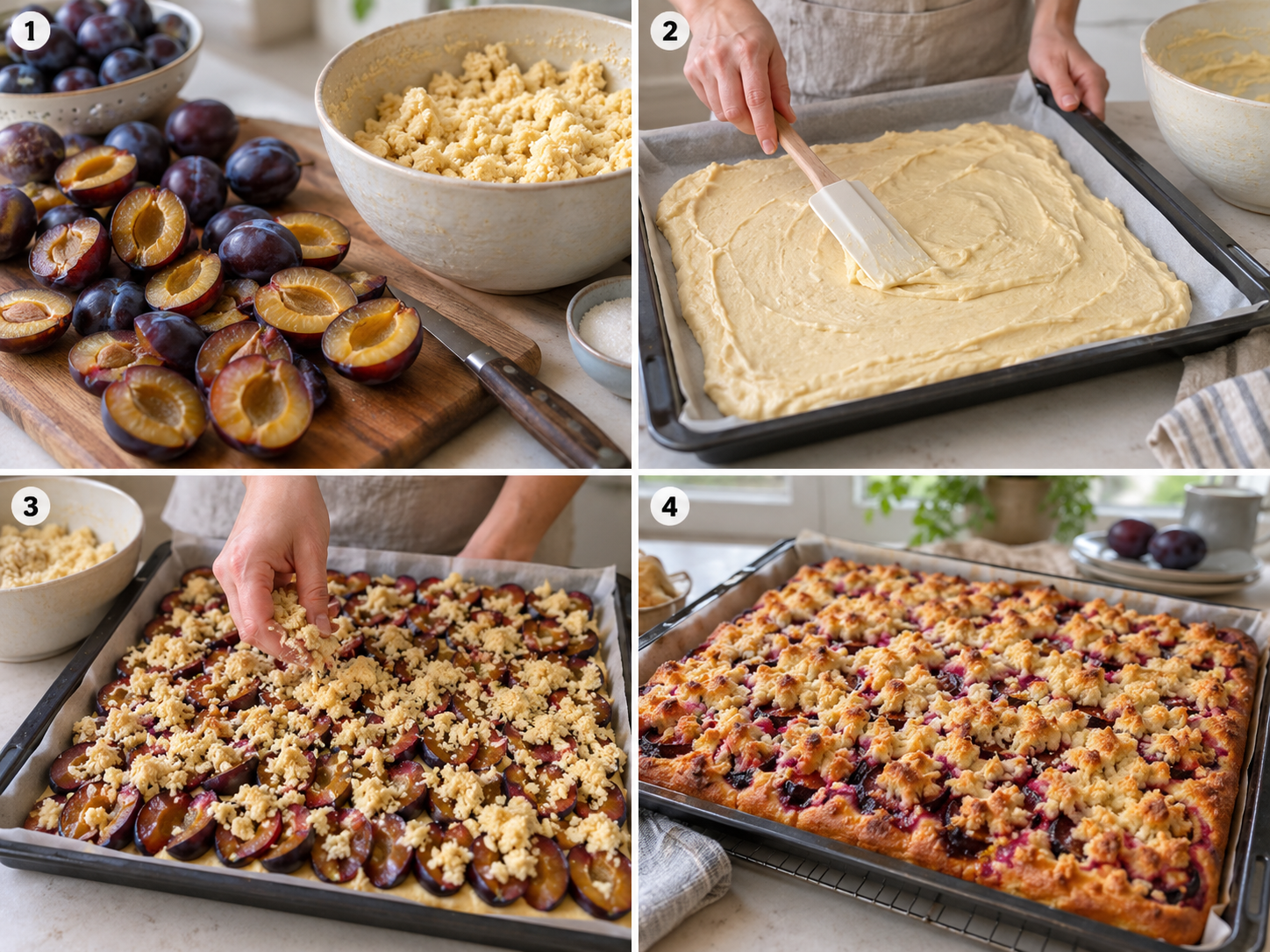 Vier Schritte beim Backen von Pflaumen-Streuselkuchen