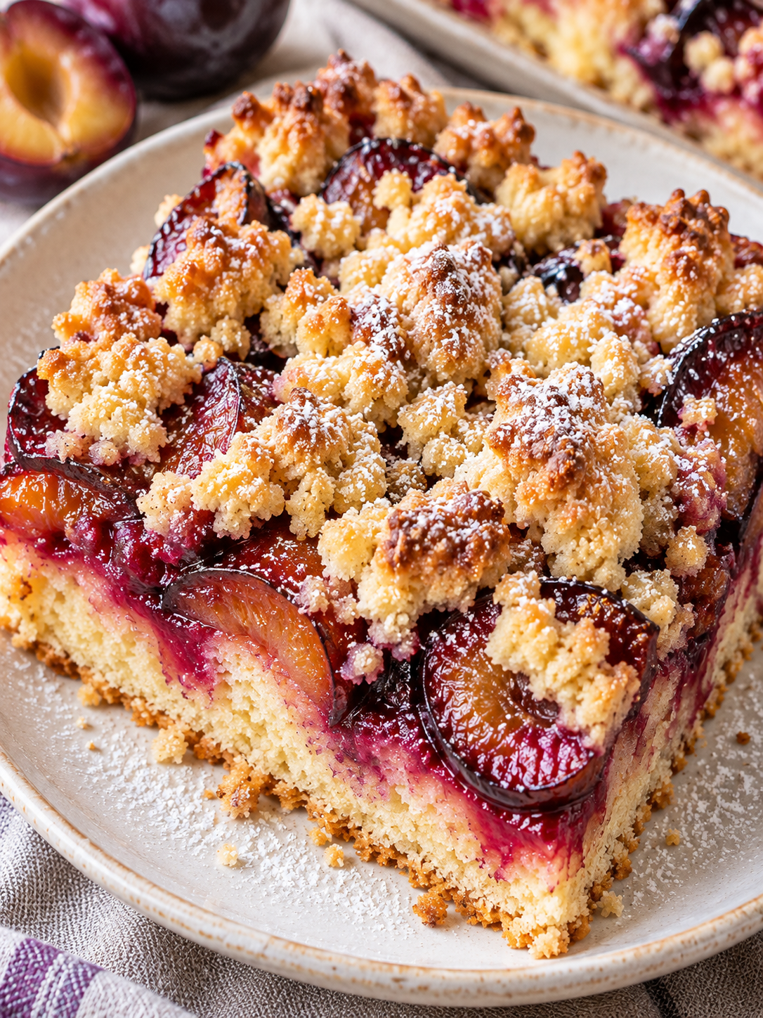 Stück Pflaumen-Streuselkuchen mit Streuseln und Puderzucker