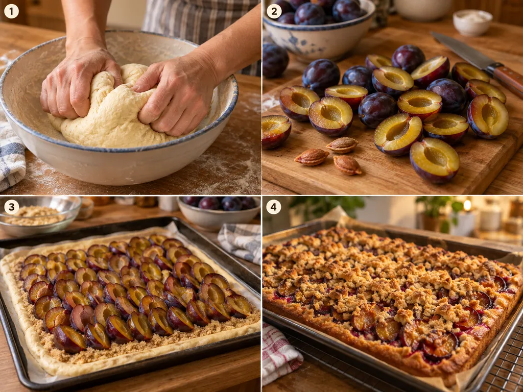 Vier Schritte beim Backen von Pflaumenkuchen mit Hefeteig und Streuseln